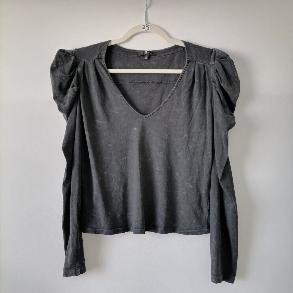 7 For All Mankind Womens Black Puff Shoulder Long Sleeve Cropped Top Size Small